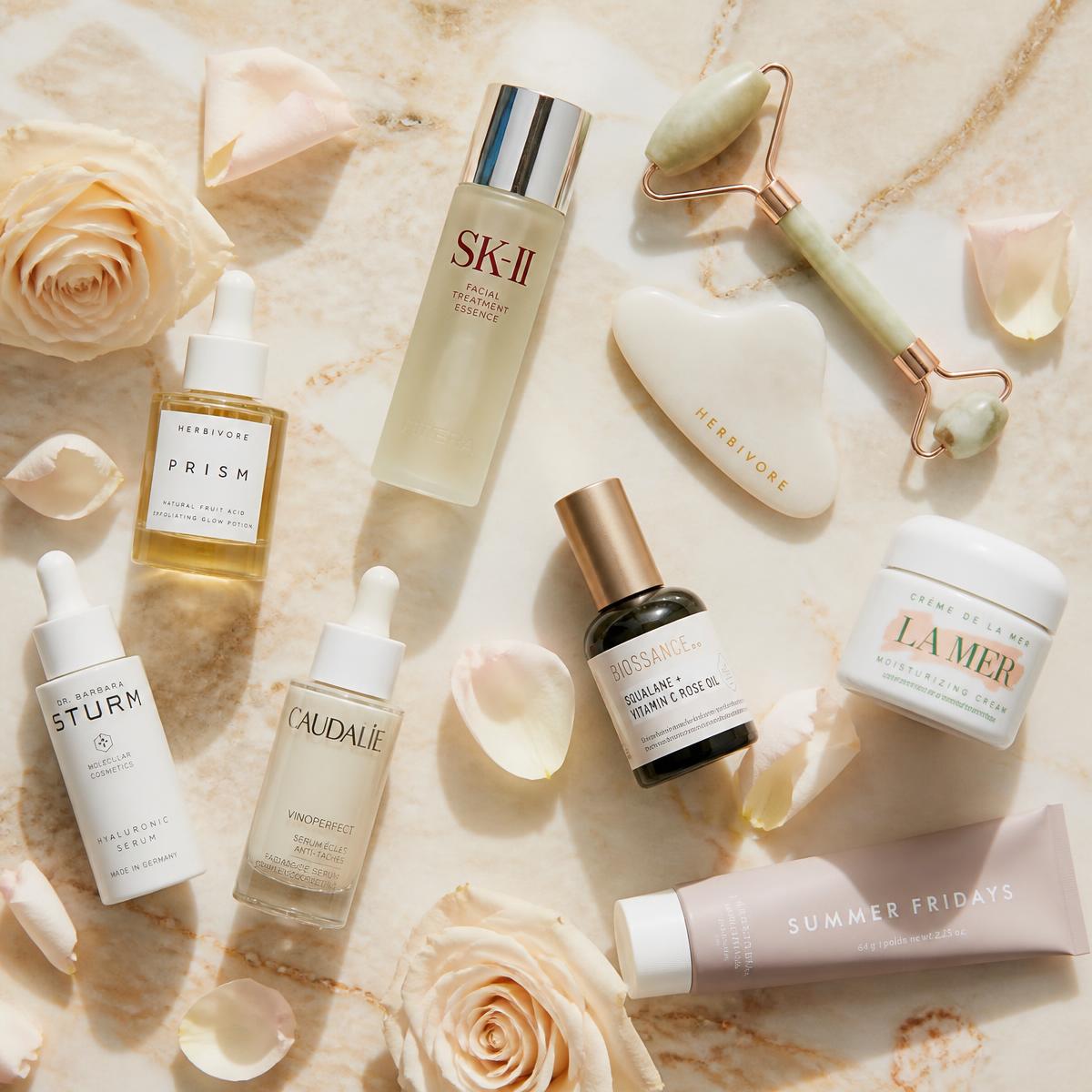 Skincare products flat lay